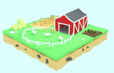 一个低面的栅栏,小羊,草垛农场鸟瞰FBX模型
