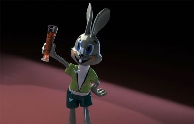举杯庆祝的卡通兔子3D模型,带材质