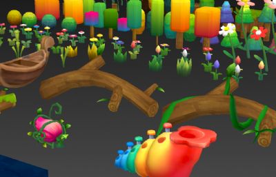 卡通游戏里的各种花草树木海螺场景道具资源3D模型