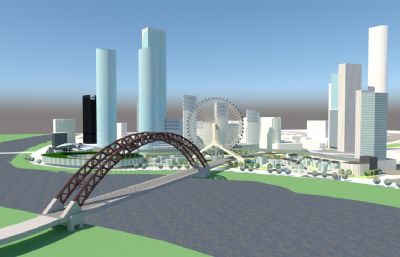 城市护城河周边大桥摩天轮场景su模型