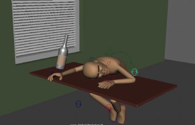 卡通人喝酒睡着，烂醉如泥，150帧动画maya模型