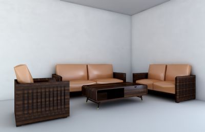 实木皮质沙发茶几组合3D模型