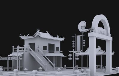 半月闲酒馆,休闲山庄3D模型白模
