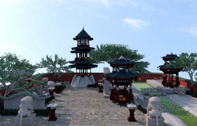 亭子石狮,古代园林庭院场景maya2018模型
