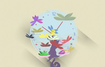 简易的钟表动画3D模型，指针和猫尾巴都能动，蝴蝶从聚集到散开