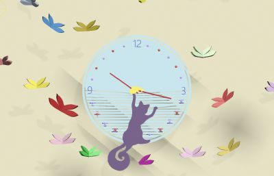 简易的钟表动画3D模型，指针和猫尾巴都能动，蝴蝶从聚集到散开