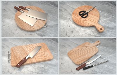 菜刀，砧板，剪刀，磨刀棒等厨房用品C4D精细结构模型，Octane渲染