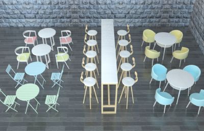 桌椅,餐桌椅奶茶店,餐厅休闲座椅C4D模型，写实风格
