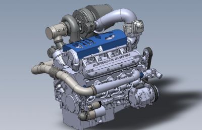 V8涡轮增压发动机动力系统总成solidworks图纸模型