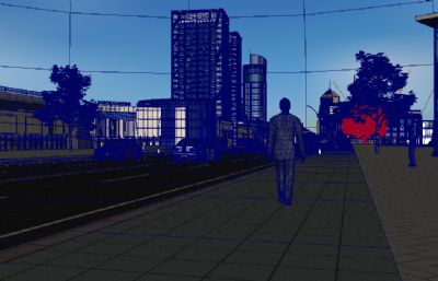 现代城市街道马路场景maya模型,带汽车行进动画,行人行走动画