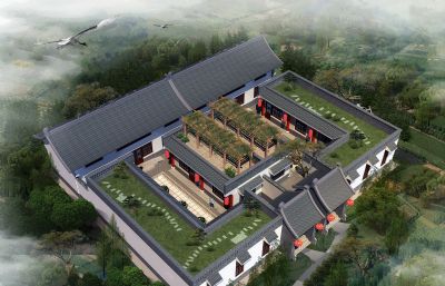 中式四合院民居3D模型,无人物,盆景和绿植,房子单体建筑