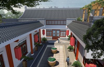 中式四合院民居3D模型,无人物,盆景和绿植,房子单体建筑