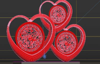 红色雕花圆环爱心雕塑设计3D模型