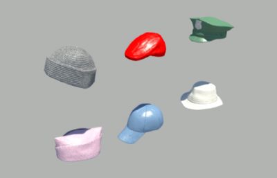 针织帽,贝雷帽,军帽,护士帽,鸭舌帽,爵士帽,6款帽子maya模型