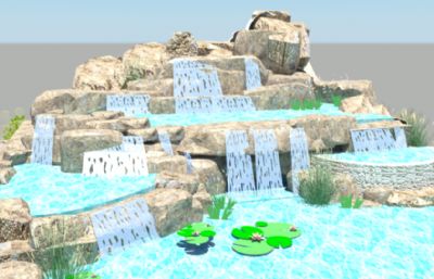公园假山瀑布荷花池景观maya模型