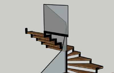 中式木楼梯,玻璃护栏su模型