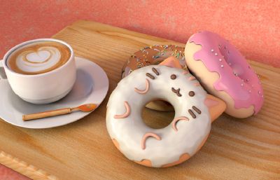 卡布奇诺,甜甜圈早餐C4D小场景