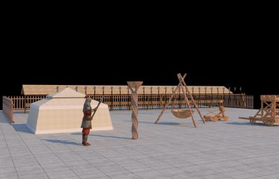 古代军营构件,军帐篷,马槽等场景3D模型