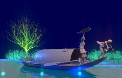 渔船荷塘嬉戏雕塑设计3D模型