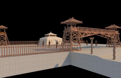 古代军队驻扎兵营岗哨场景3D模型