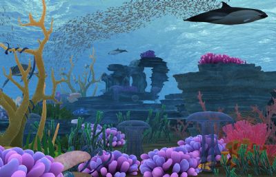 珊瑚,海葵,海龟,鲸鱼,鱼群等完整场景的海底世界3D模型,带动画,VRAY渲染
