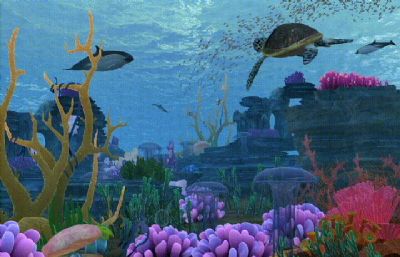 珊瑚,海葵,海龟,鲸鱼,鱼群等完整场景的海底世界3D模型,带动画,VRAY渲染