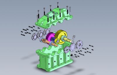 两级圆柱直齿轮斜齿轮减速器Solidworks设计图纸