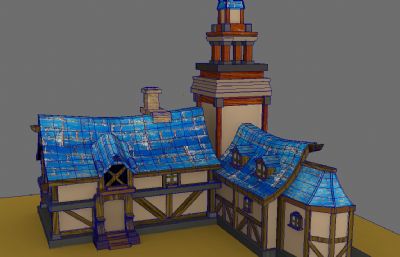 卡通风格小木屋maya模型,蓝色屋顶,带贴图