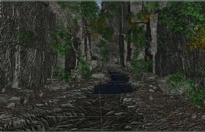 山谷大树高山岩石森林场景,小溪流水,落叶飘然maya模型,贴图全,mb,fbx格式(网盘下载)