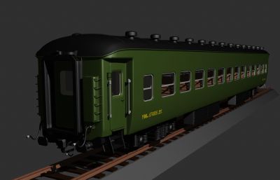 木制座位的老绿皮火车3D模型