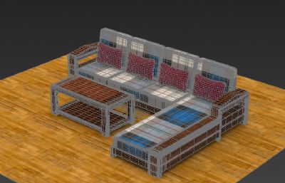 多人沙发+茶几组合3D模型