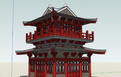 中式寺庙阁楼su模型