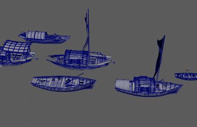 6艘木制渔船,古代渔船OBJ模型