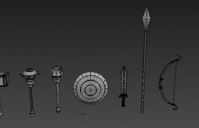盾,枪,锤,杖等几件常见的Q版武器3D模型
