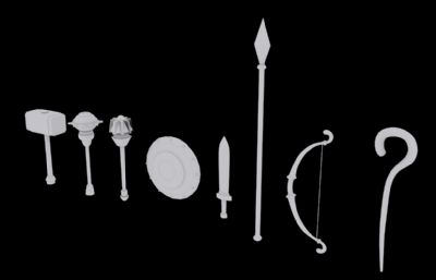 盾,枪,锤,杖等几件常见的Q版武器3D模型