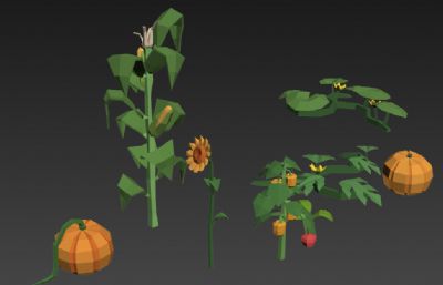 卡通农场LOWPLOY低面玉米,南瓜,辣椒等蔬菜3D模型