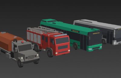 lowploy卡通风格洒水车,消防车,大巴车等车辆3D模型