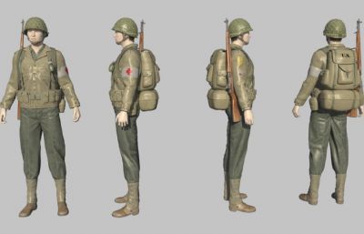 高精度二战美军士兵,医疗兵maya模型,有医疗包,手雷弹,步枪,头盔,水壶等,附fbx格式(网盘下载)