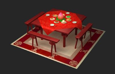 卡通风格中式寿宴喜酒餐桌道具3D模型