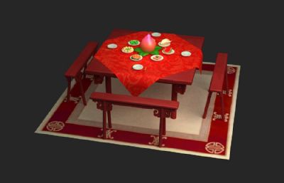 卡通风格中式寿宴喜酒餐桌道具3D模型