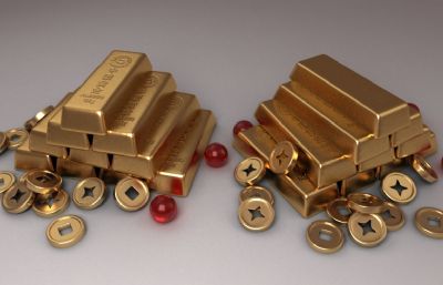 中国黄金金条,金币,红宝石展示场景3D模型
