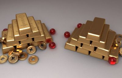 中国黄金金条,金币,红宝石展示场景3D模型