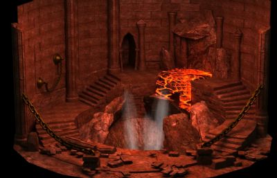 阎罗地狱,古堡岩浆,地下火城游戏场景3D模型