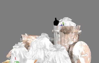 杂乱的小区垃圾桶,垃圾袋,垃圾堆场景maya模型,MB,FBX格式