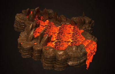 活火山,火山口,岩浆瀑布场景3D模型
