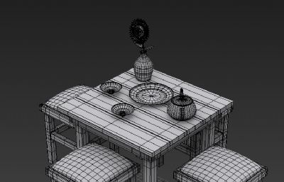 简单木质餐桌板凳组合3D模型白模