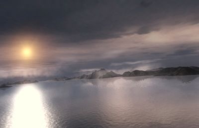 湖面迷雾,雪山,落日余晖场景3D模型