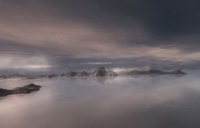 湖面迷雾,雪山,落日余晖场景3D模型