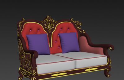 镂空雕花红木双人沙发3D模型