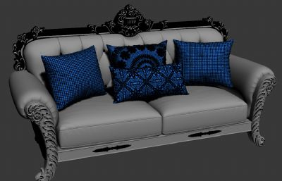双人真皮沙发3D模型,带抱枕
